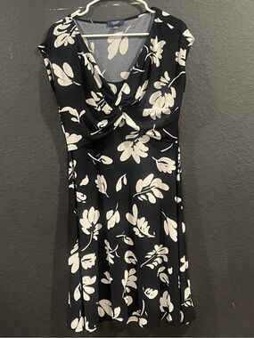 Chaps Black and Cream Floral Midi Dress with Draped V-Neck